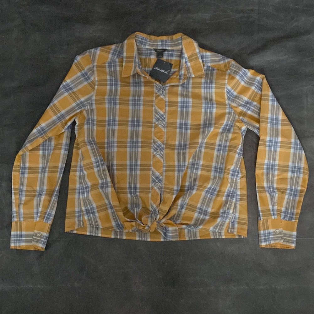 Eddie Bauer plaid button down tie front shirt L